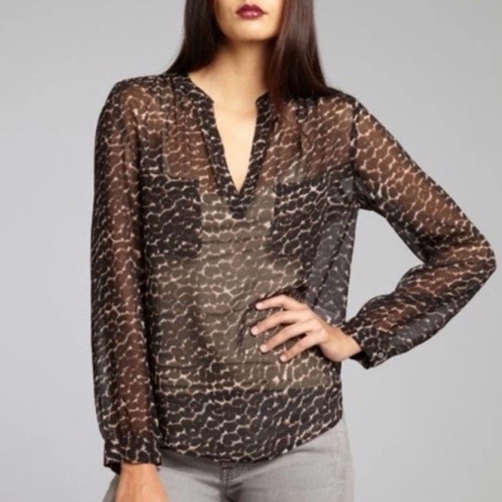 Joie Adana Leopard Print Silk Sheer Chiffon V-Neck Double Front Pocket Blouse M